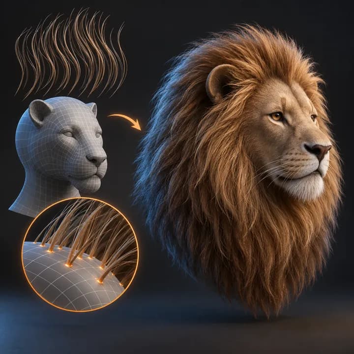 Attach Hair Curves to Surface — AI concept illustration, not verified Blender output