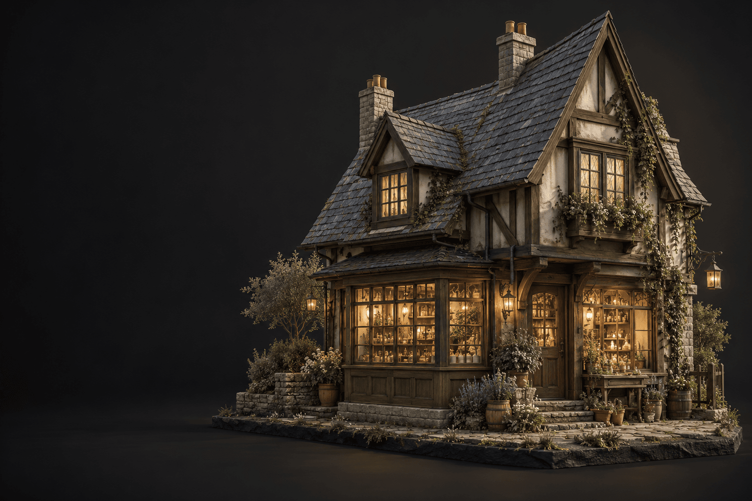 AI concept of a timber apothecary storefront, illustrative rather than verified asset geometry