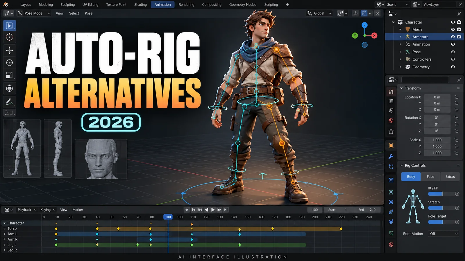 AI-generated Blender-style interface illustration comparing humanoid rigging workflows; not a software screenshot or benchmark.